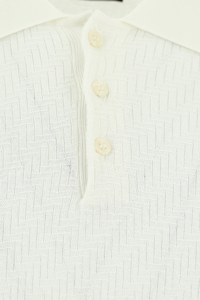 Kırık Beyaz Slim Fit Dar Kesim Desenli Nakışlı Pamuklu Polo Yaka T-shirt