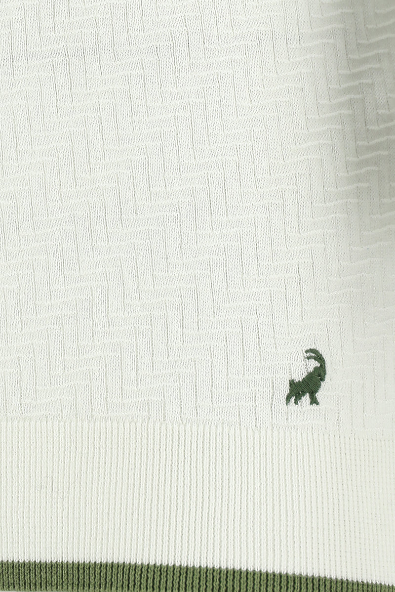 Kırık Beyaz Slim Fit Dar Kesim Desenli Nakışlı Pamuklu Polo Yaka T-shirt