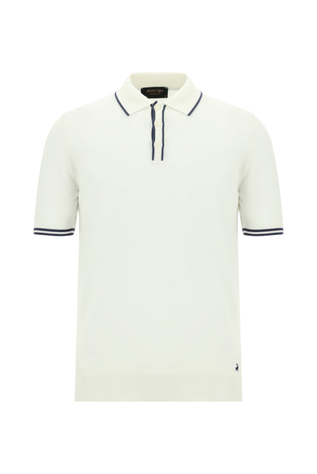 Kırık Beyaz Slim Fit Dar Kesim Desenli Nakışlı Pamuklu Polo Yaka T-shirt