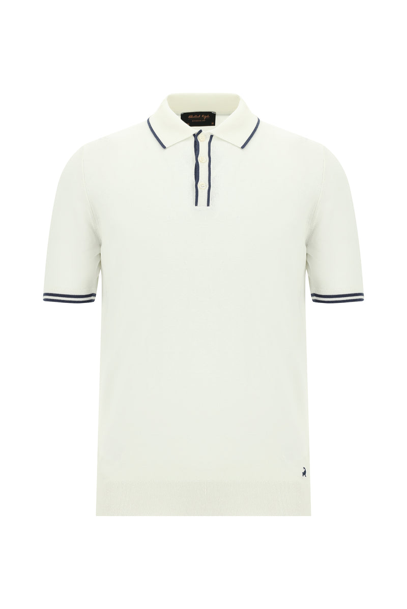 Kırık Beyaz Slim Fit Dar Kesim Desenli Nakışlı Pamuklu Polo Yaka T-shirt