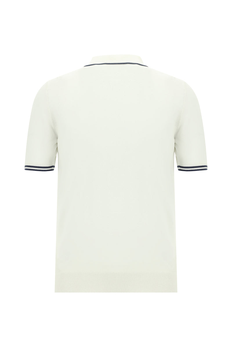 Kırık Beyaz Slim Fit Dar Kesim Desenli Nakışlı Pamuklu Polo Yaka T-shirt