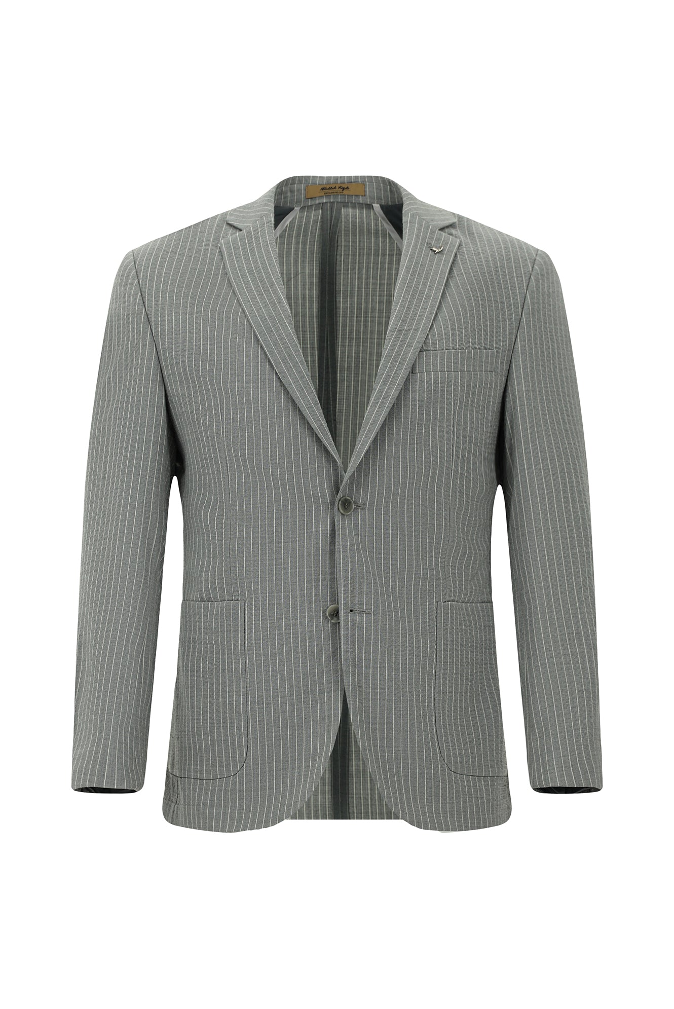 Orta Füme Super Slim Fit Ekstra Dar Kesim Yünlü Çizgili Spor Ceket