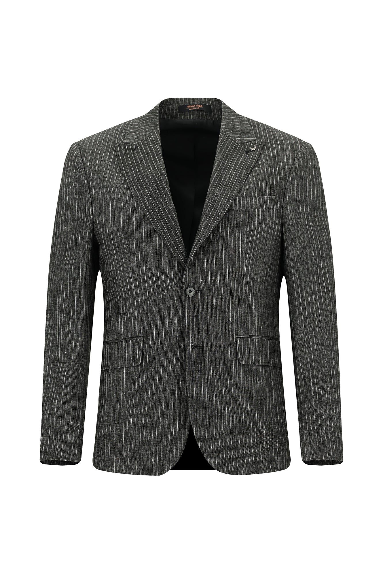 Siyah Slim Fit Dar Kesim Klasik Çizgili Keten Karışımlı Ceket