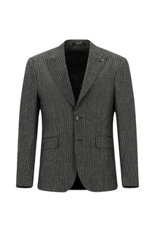 Siyah Slim Fit Dar Kesim Klasik Çizgili Keten Karışımlı Ceket