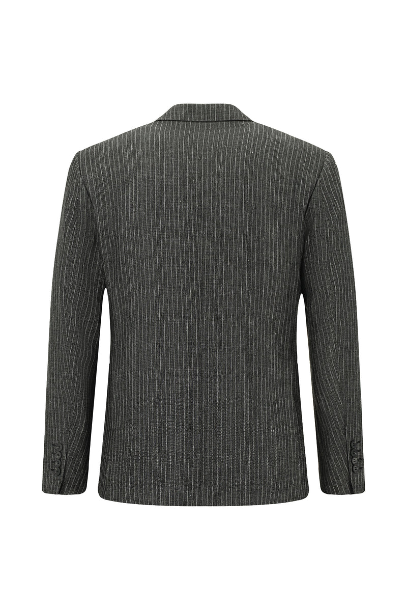 Siyah Slim Fit Dar Kesim Klasik Çizgili Keten Karışımlı Ceket