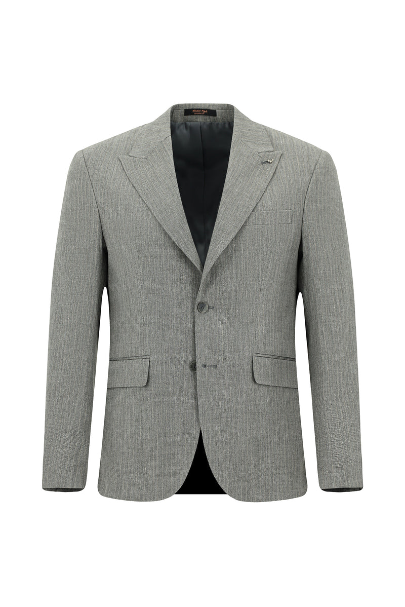 Orta Füme Slim Fit Dar Kesim Klasik Çizgili Keten Karışımlı Ceket