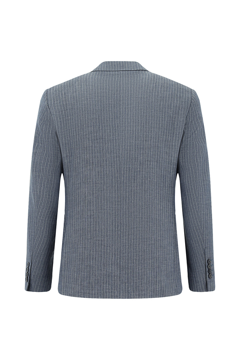 Koyu Mavi  Slim Fit Dar Kesim Klasik Çizgili Keten Karışımlı Ceket