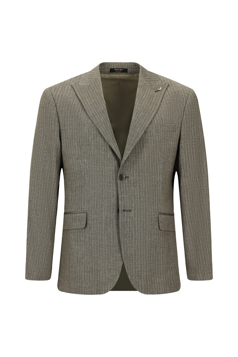 Açık Kahve  Slim Fit Dar Kesim Klasik Çizgili Keten Karışımlı Ceket