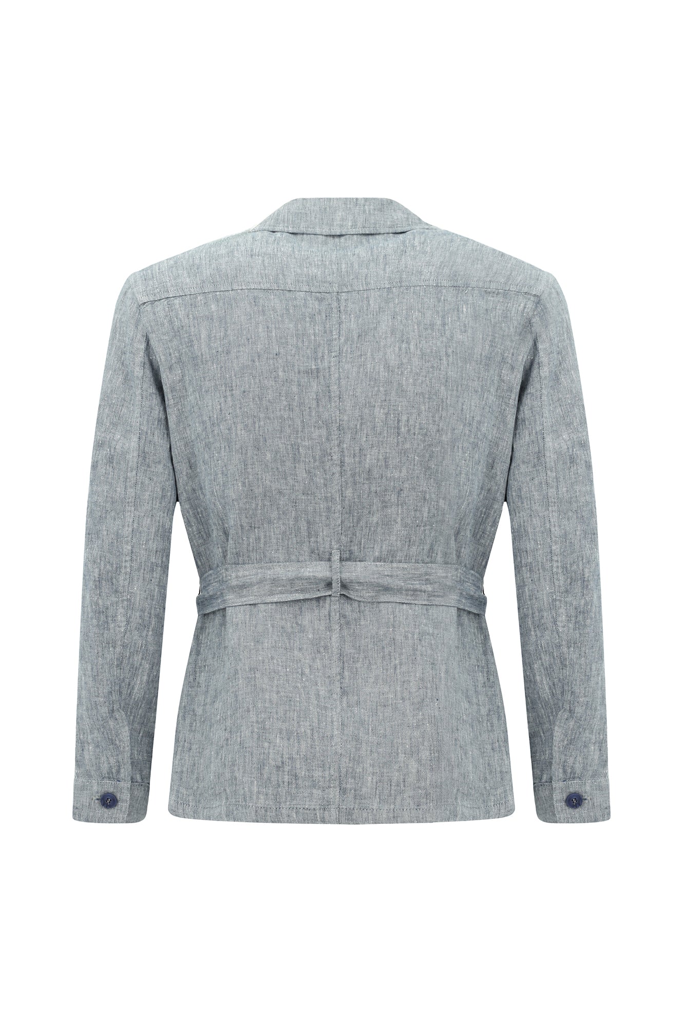 Orta Lacivert Regular Fit Kuşaklı Keten Ceket