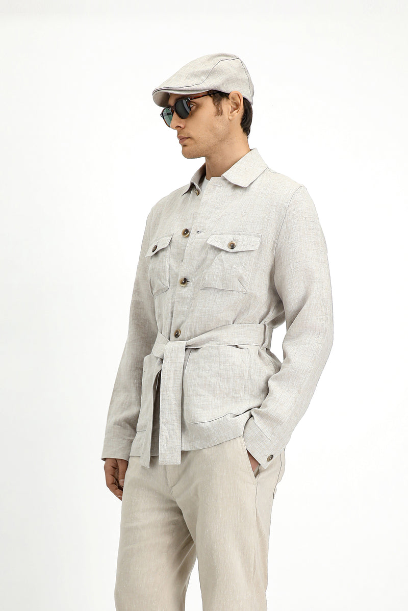 Açık Bej Regular Fit Kuşaklı Keten Ceket