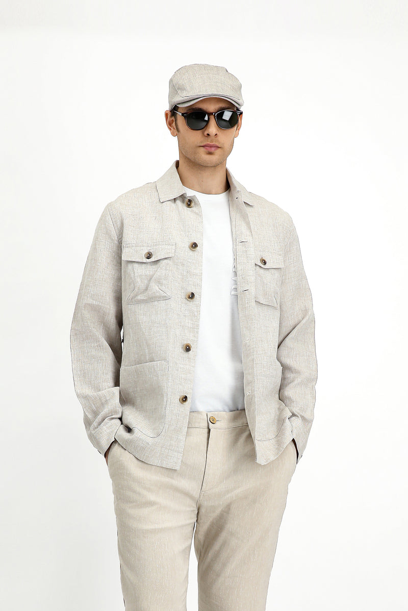 Açık Bej Regular Fit Kuşaklı Keten Ceket