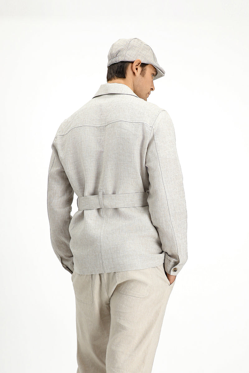 Açık Bej Regular Fit Kuşaklı Keten Ceket