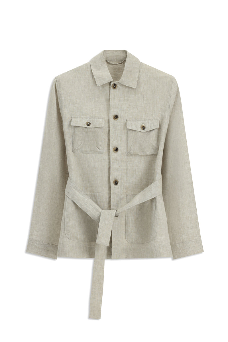 Açık Bej Regular Fit Kuşaklı Keten Ceket