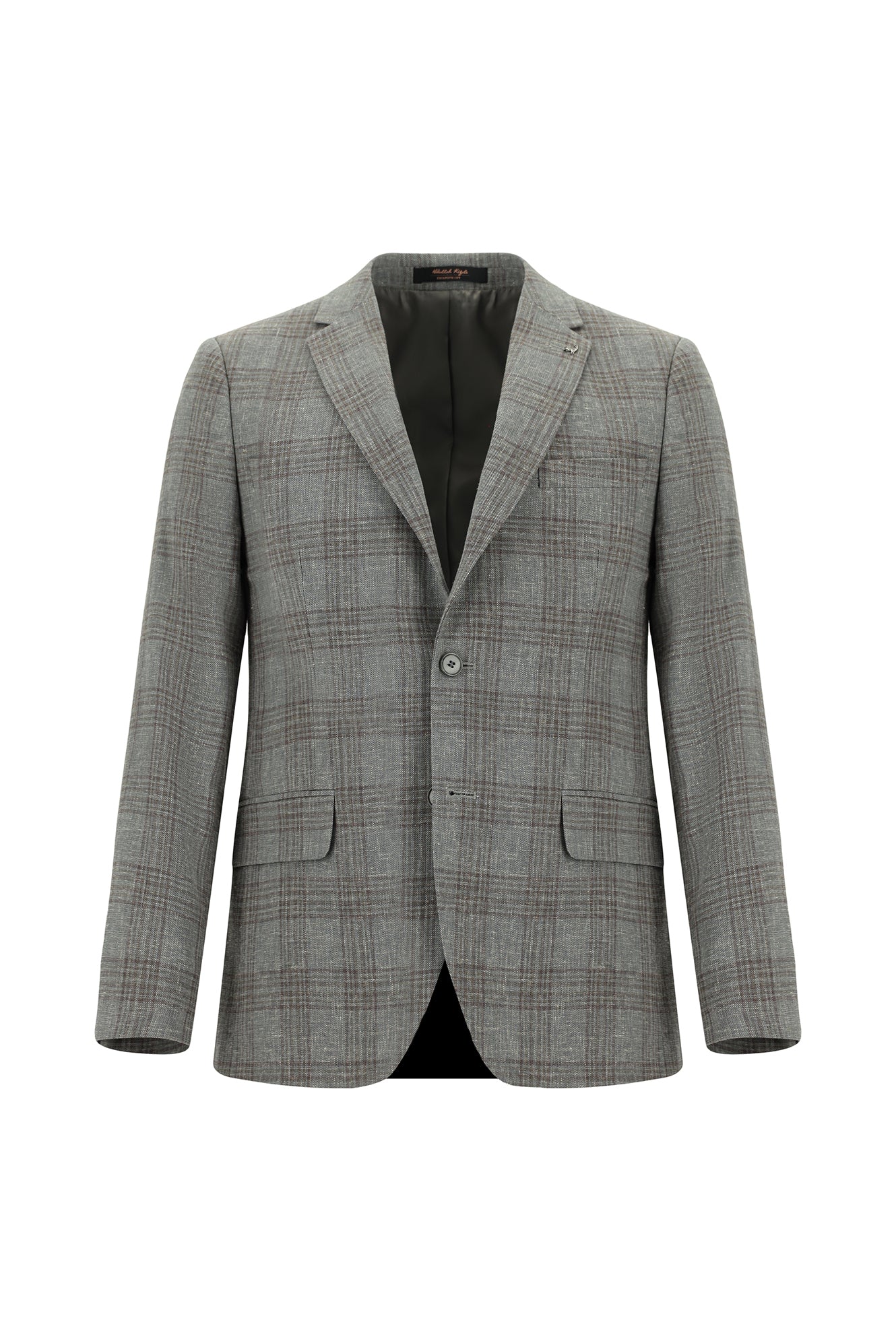 Orta Füme Super Slim Fit Ekstra Dar Kesim Yünlü Keten Karışımlı Ekose Ceket