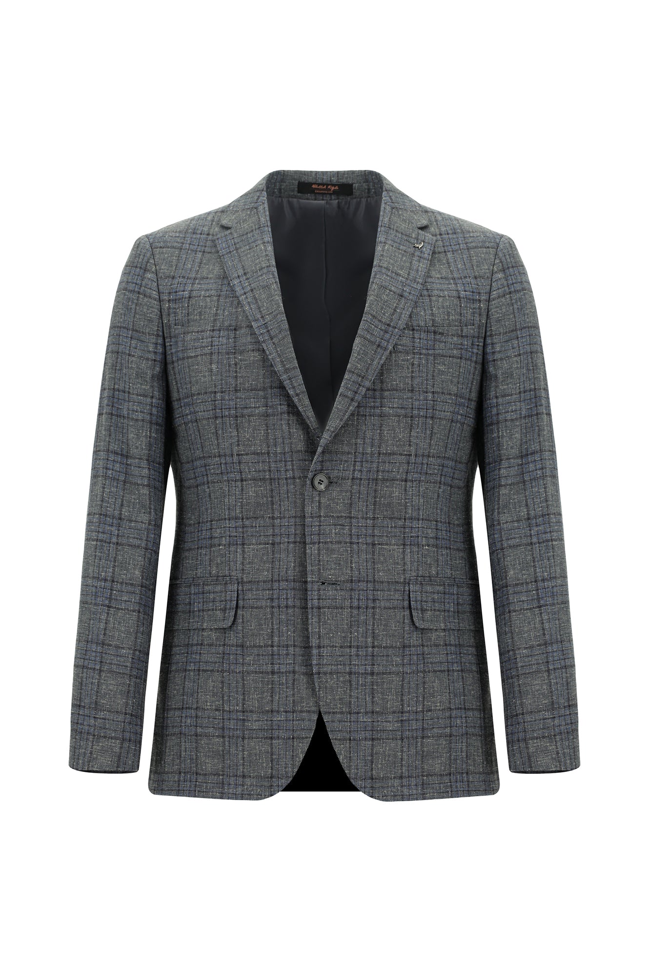 Koyu Füme Super Slim Fit Ekstra Dar Kesim Yünlü Keten Karışımlı Ekose Ceket