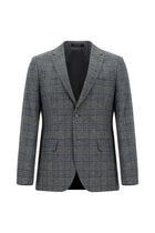Koyu Füme Super Slim Fit Ekstra Dar Kesim Yünlü Keten Karışımlı Ekose Ceket