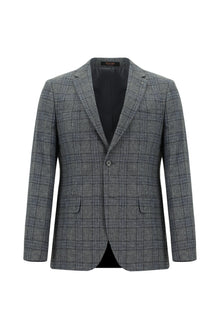 Koyu Füme Super Slim Fit Ekstra Dar Kesim Yünlü Keten Karışımlı Ekose Ceket