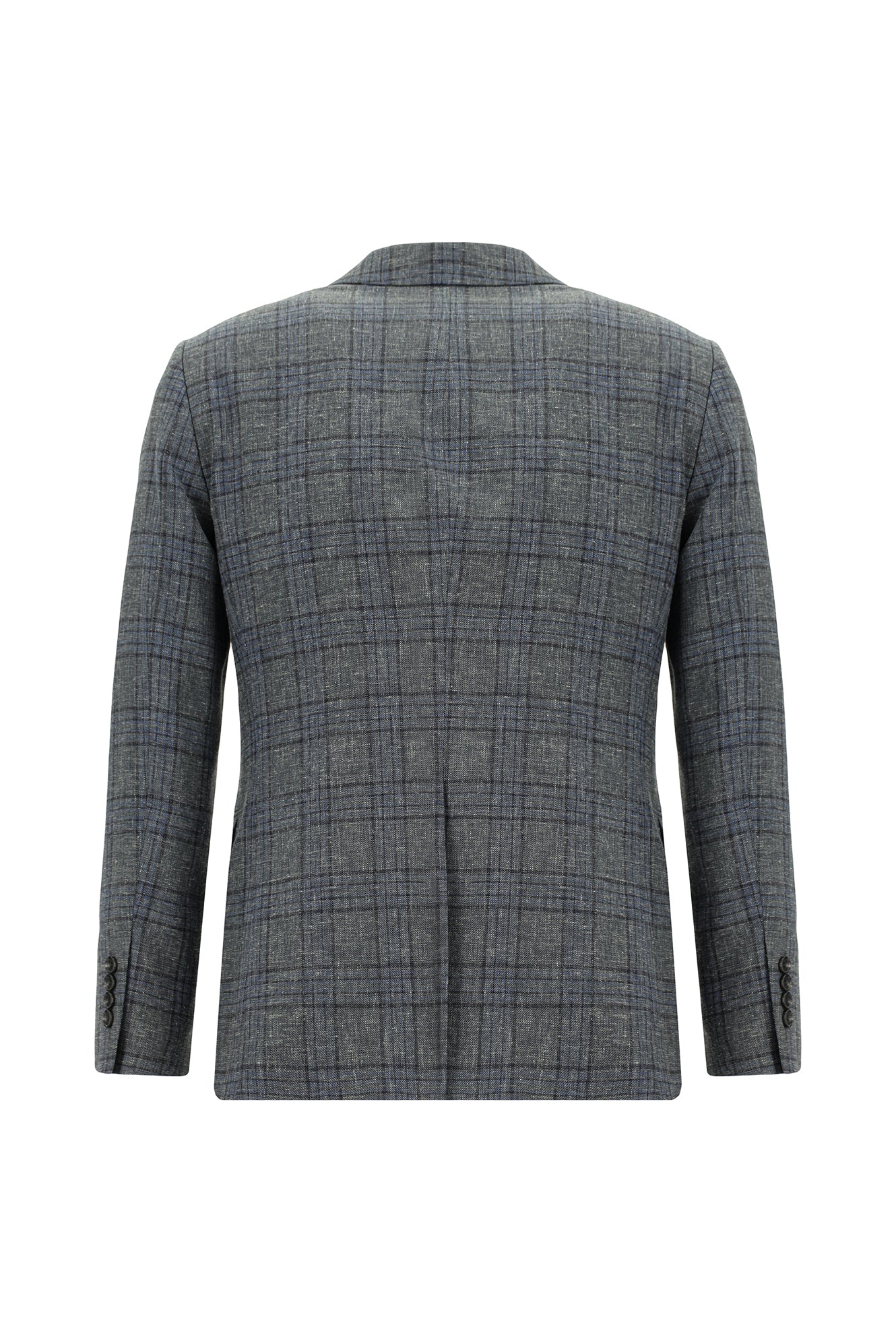 Koyu Füme Super Slim Fit Ekstra Dar Kesim Yünlü Keten Karışımlı Ekose Ceket