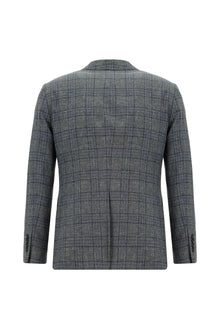 Koyu Füme Super Slim Fit Ekstra Dar Kesim Yünlü Keten Karışımlı Ekose Ceket