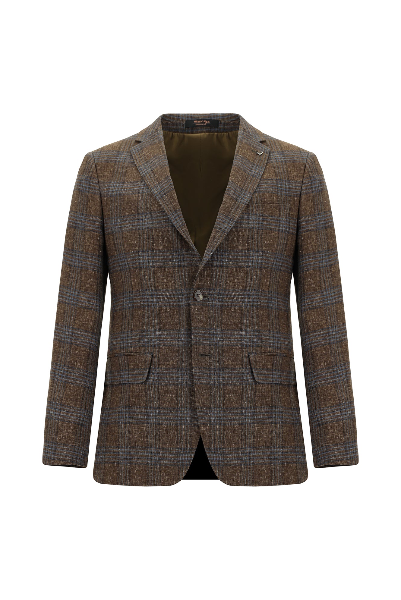 Orta Kahve Super Slim Fit Ekstra Dar Kesim Yünlü Keten Karışımlı Ekose Ceket