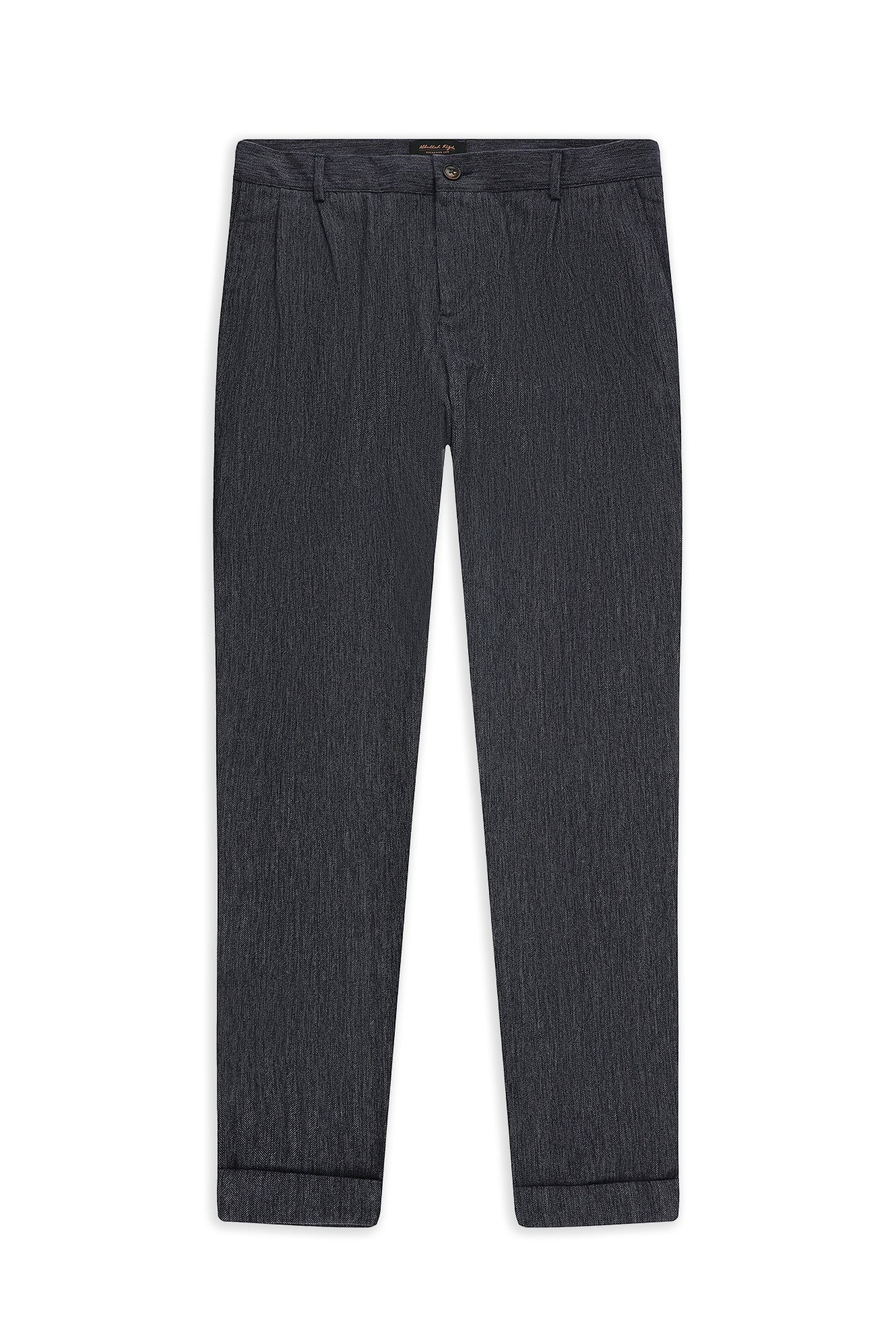 Koyu Lacivert 6 Drop Regular Fit Standart Kesim Desenli Keten Kar???ml? Desenli Pileli Klasik Kuma? Pantolon-Abdullah Ki??l?