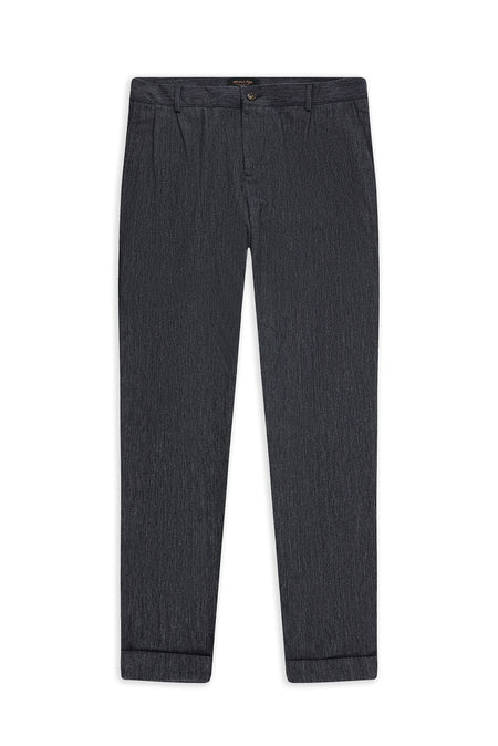 Koyu Lacivert 6 Drop Regular Fit Standart Kesim Desenli Keten Kar???ml? Desenli Pileli Klasik Kuma? Pantolon-Abdullah Ki??l?