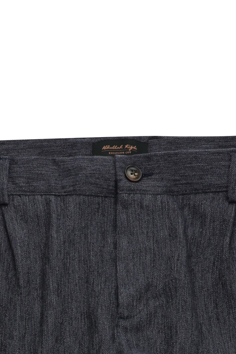 Koyu Lacivert Regular Fit Desenli Keten Karışımlı Desenli Pileli Klasik Kumaş Pantolon