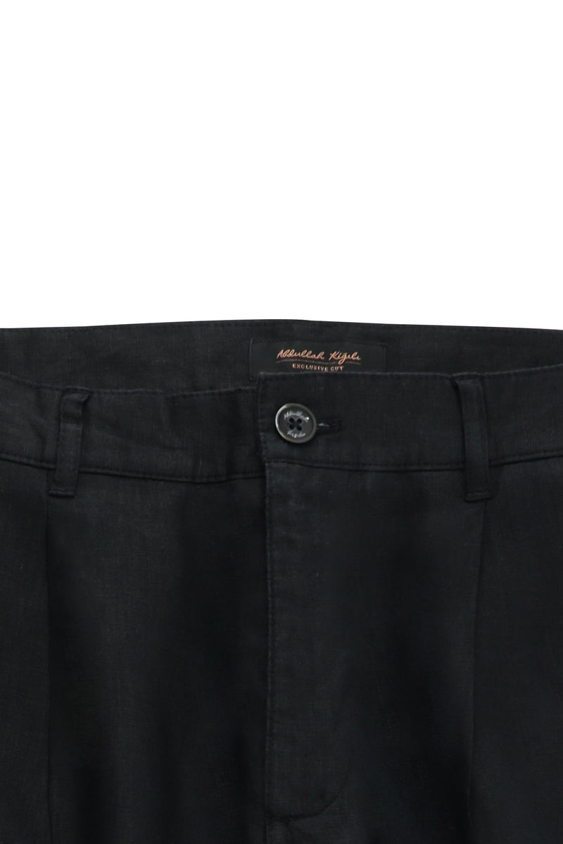 Siyah Regular Fit Pileli Keten Kanvas / Chino Pantolon
