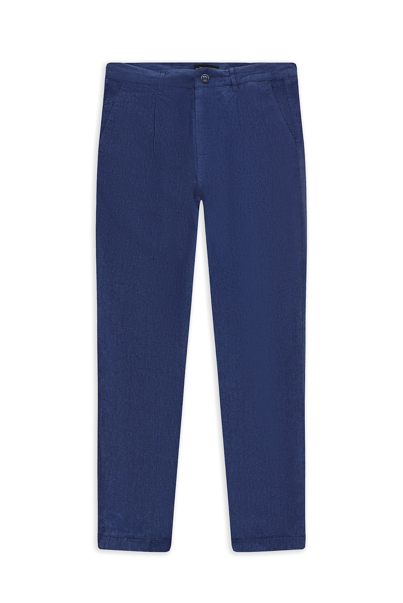 Orta Lacivert Regular Fit Pileli Keten Kanvas / Chino Pantolon