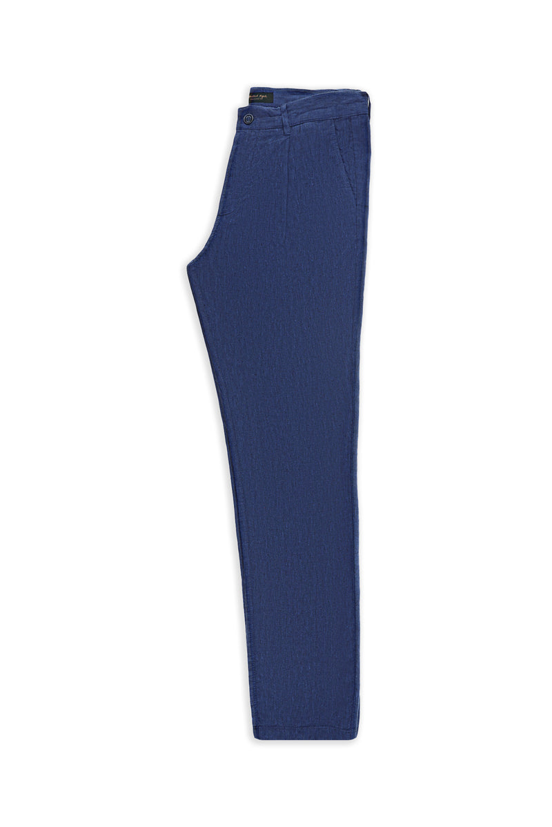 Orta Lacivert Regular Fit Pileli Keten Kanvas / Chino Pantolon
