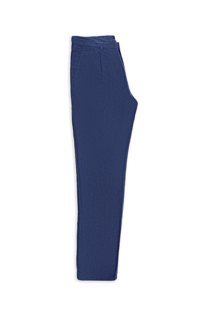 Orta Lacivert Regular Fit Pileli Keten Kanvas / Chino Pantolon