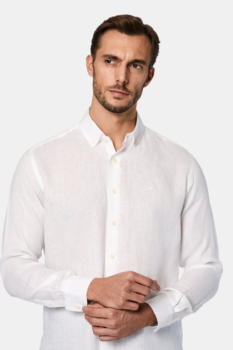 Beyaz Uzun Kol Regular Fit Düğmeli Yaka Keten Gömlek