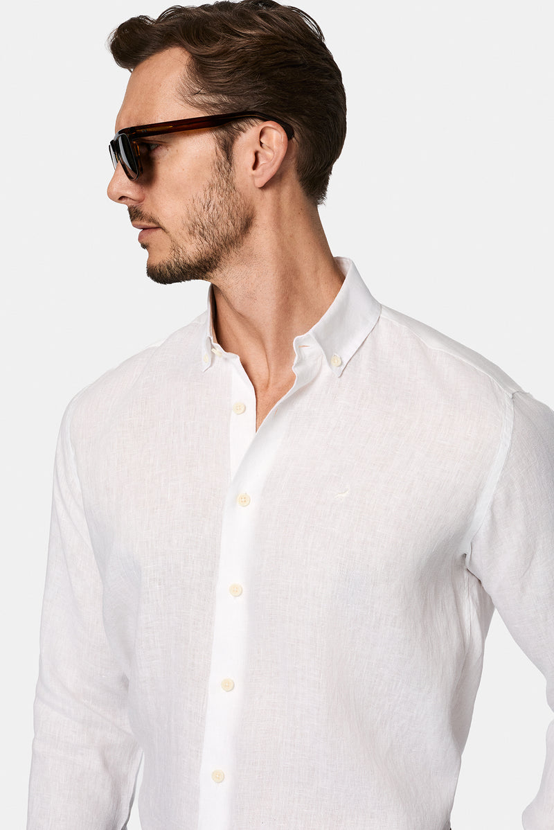 Beyaz Uzun Kol Regular Fit Düğmeli Yaka Keten Gömlek