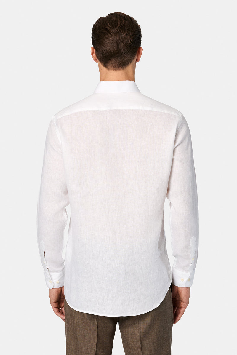 Beyaz Uzun Kol Regular Fit Düğmeli Yaka Keten Gömlek