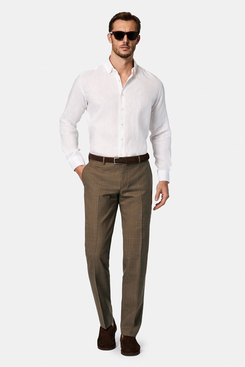 Beyaz Uzun Kol Regular Fit Düğmeli Yaka Keten Gömlek