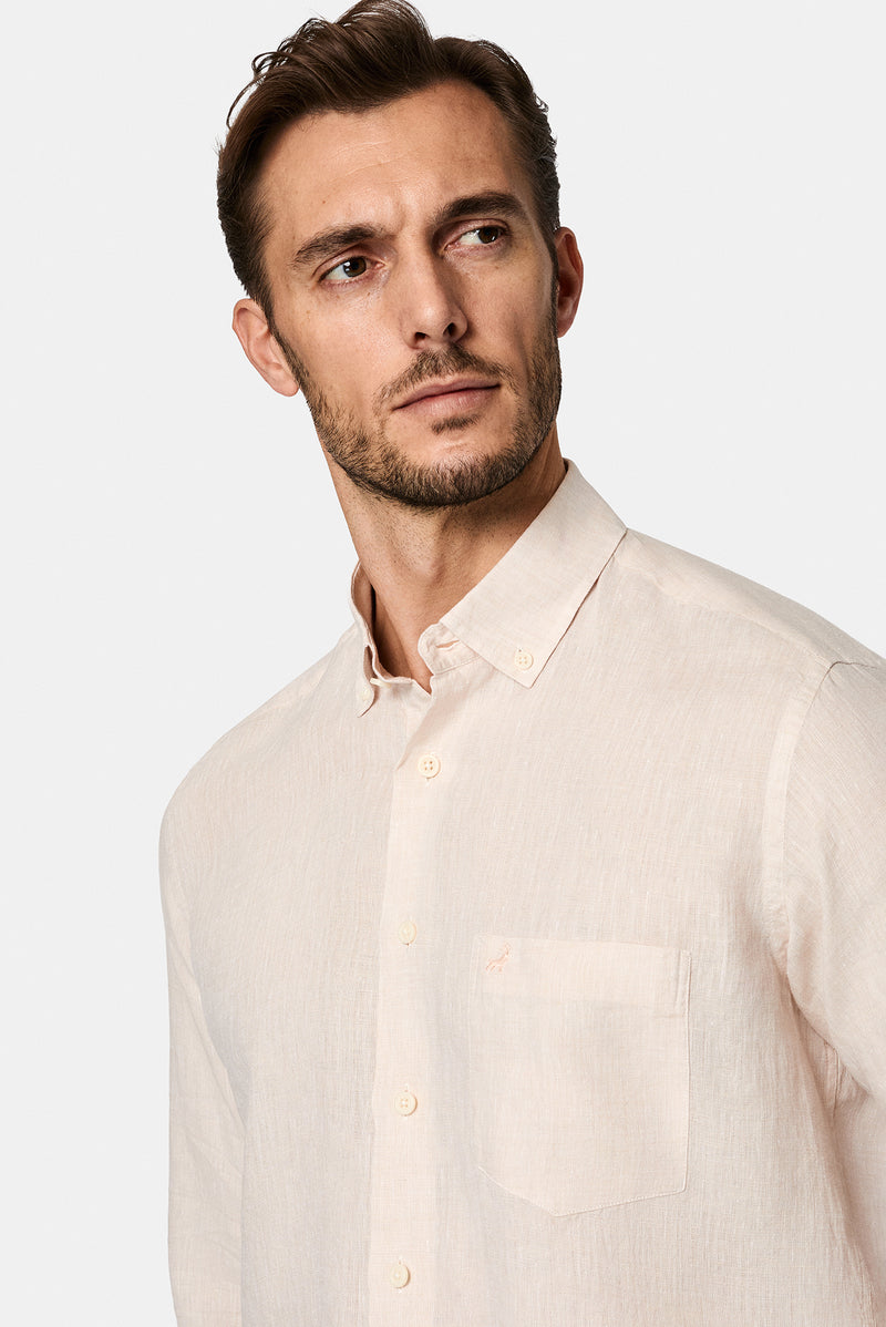 Açık Bej Uzun Kol Regular Fit Düğmeli Yaka Keten Gömlek