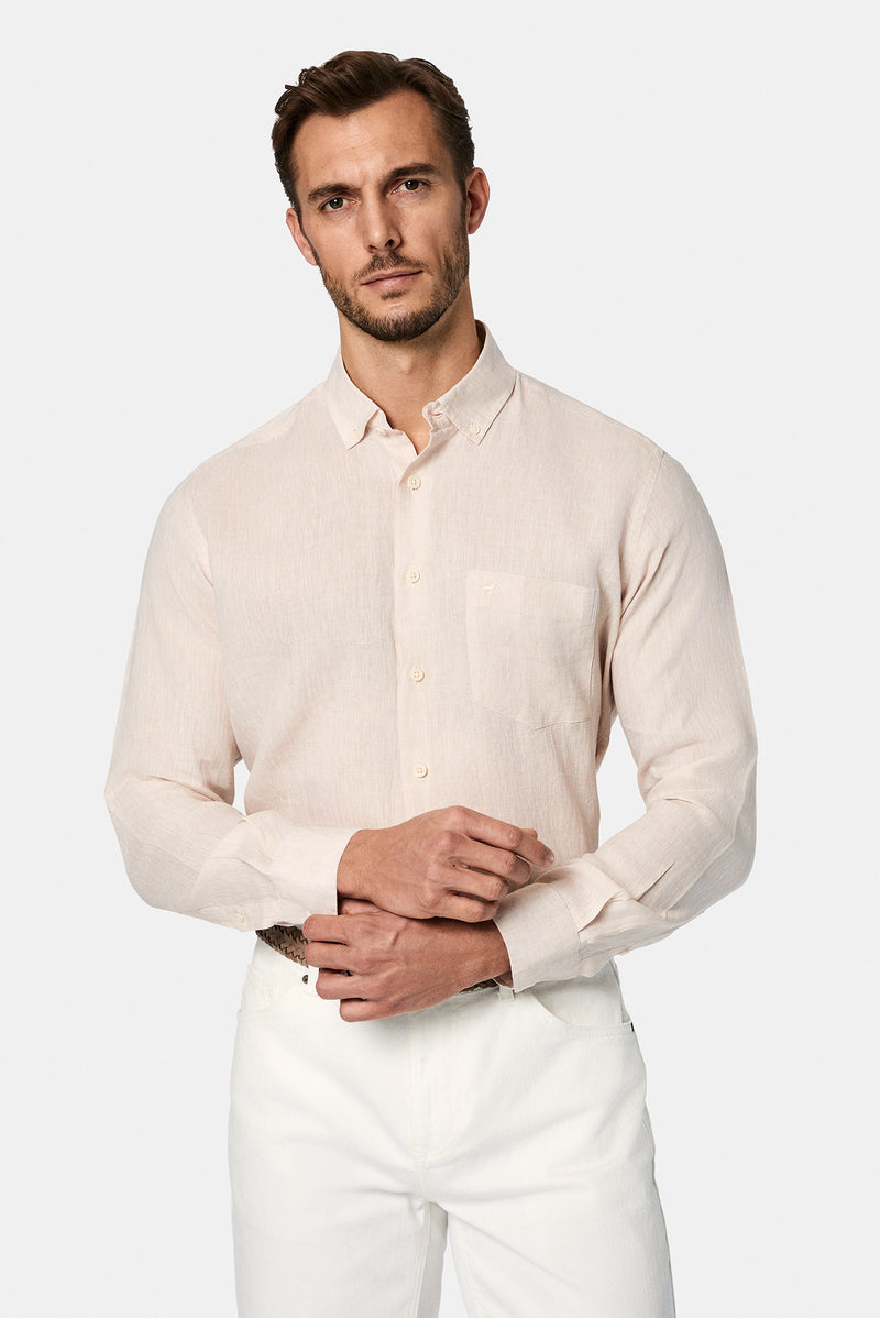 Açık Bej Uzun Kol Regular Fit Düğmeli Yaka Keten Gömlek
