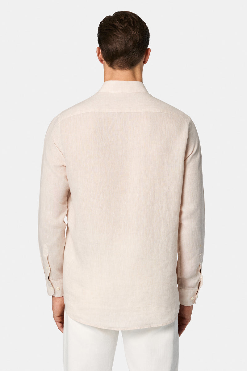 Açık Bej Uzun Kol Regular Fit Düğmeli Yaka Keten Gömlek