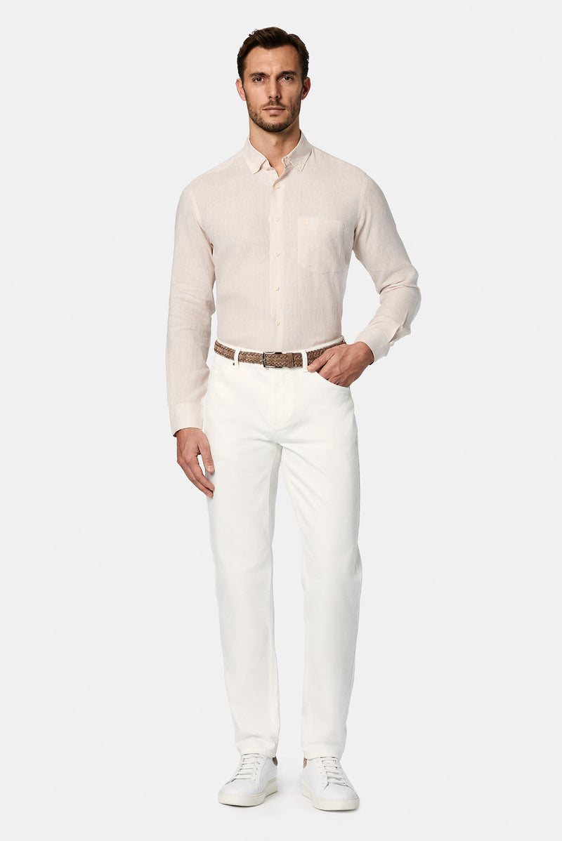 Açık Bej Uzun Kol Regular Fit Düğmeli Yaka Keten Gömlek