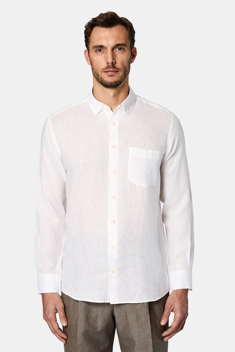 Beyaz Uzun Kol Regular Fit Dü?meli Yaka Cepli Keten Gömlek-Abdullah Ki??l?