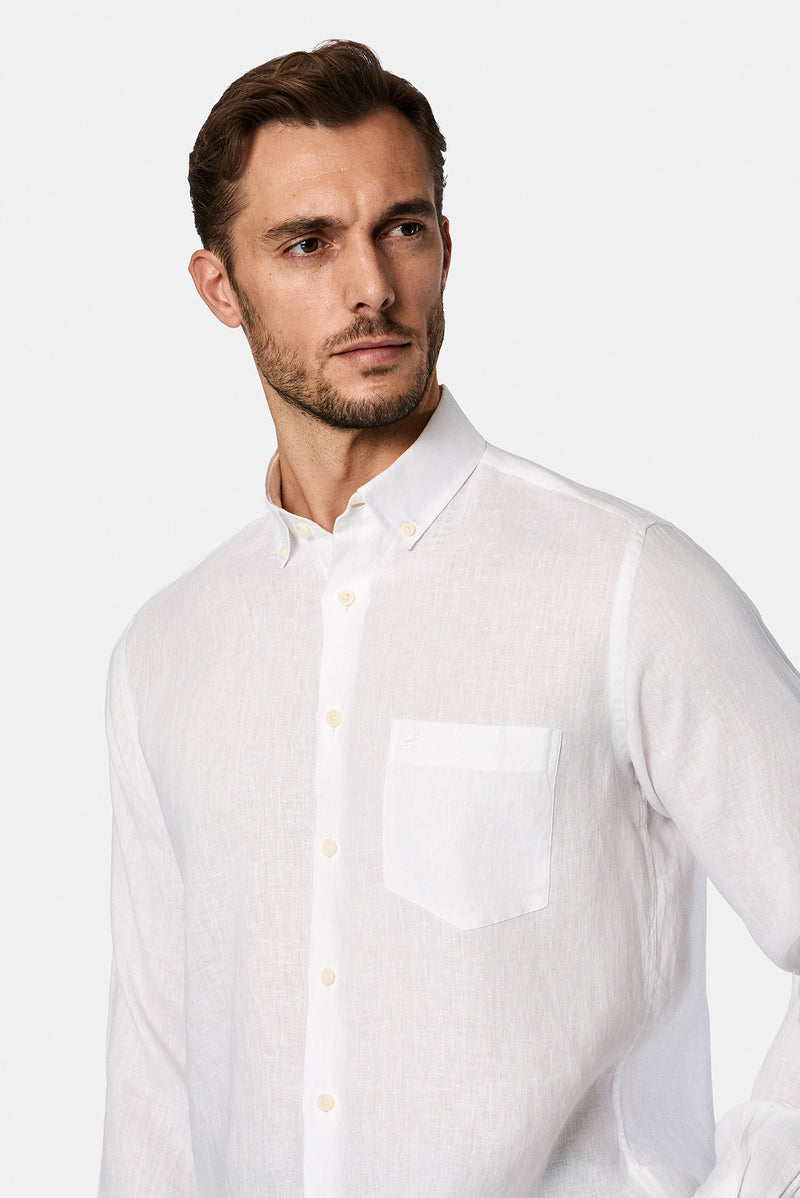 Beyaz Uzun Kol Regular Fit Düğmeli Yaka Keten Gömlek