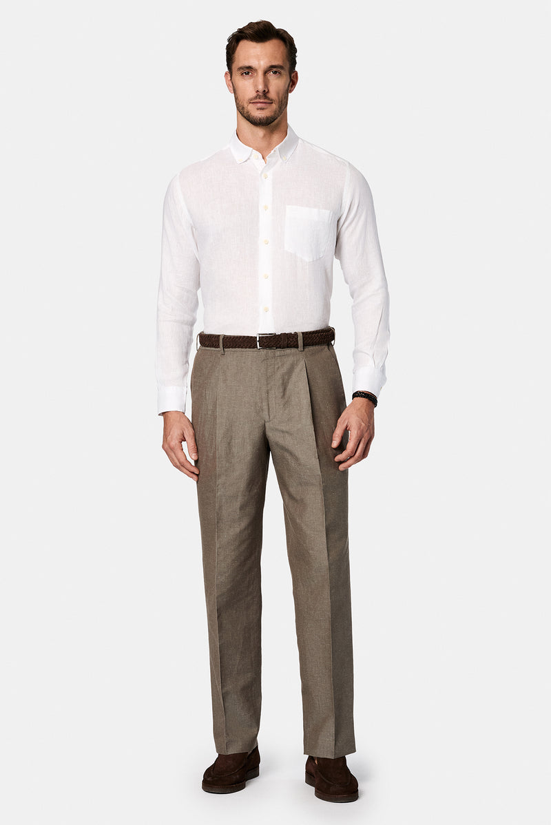 Beyaz Uzun Kol Regular Fit Düğmeli Yaka Keten Gömlek