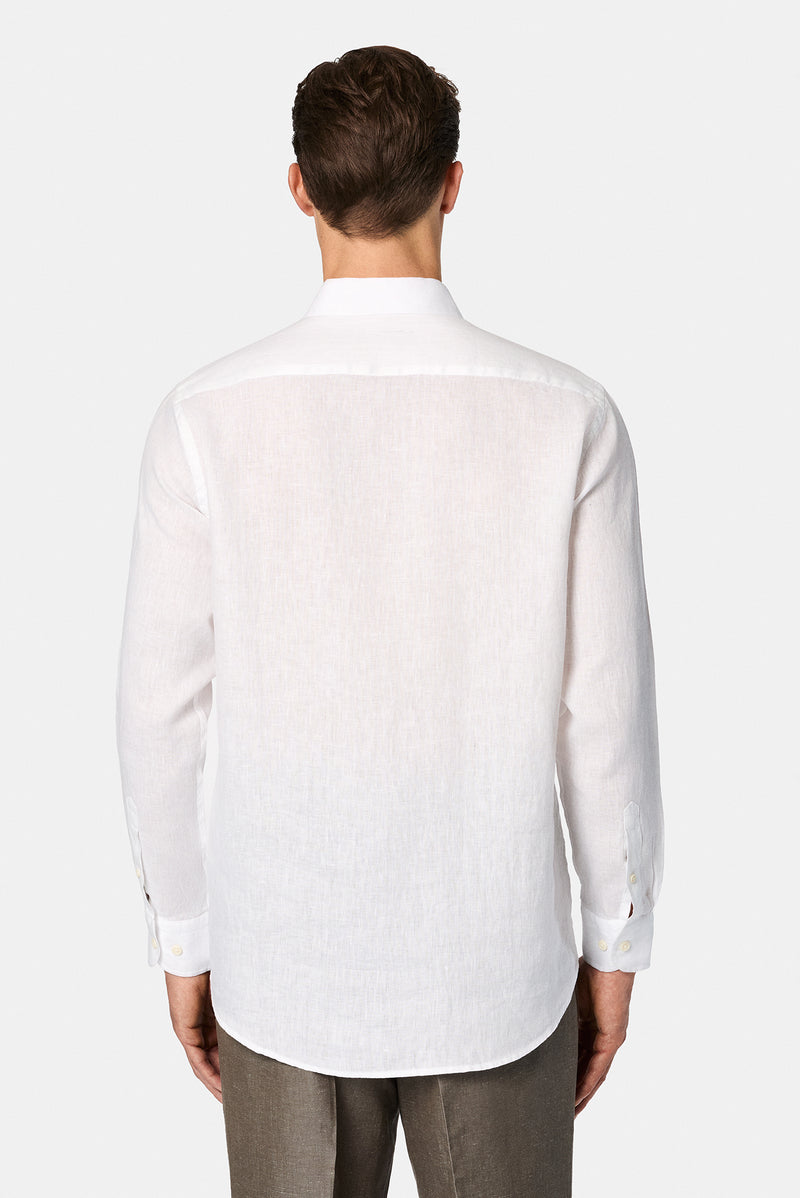 Beyaz Uzun Kol Regular Fit Düğmeli Yaka Keten Gömlek