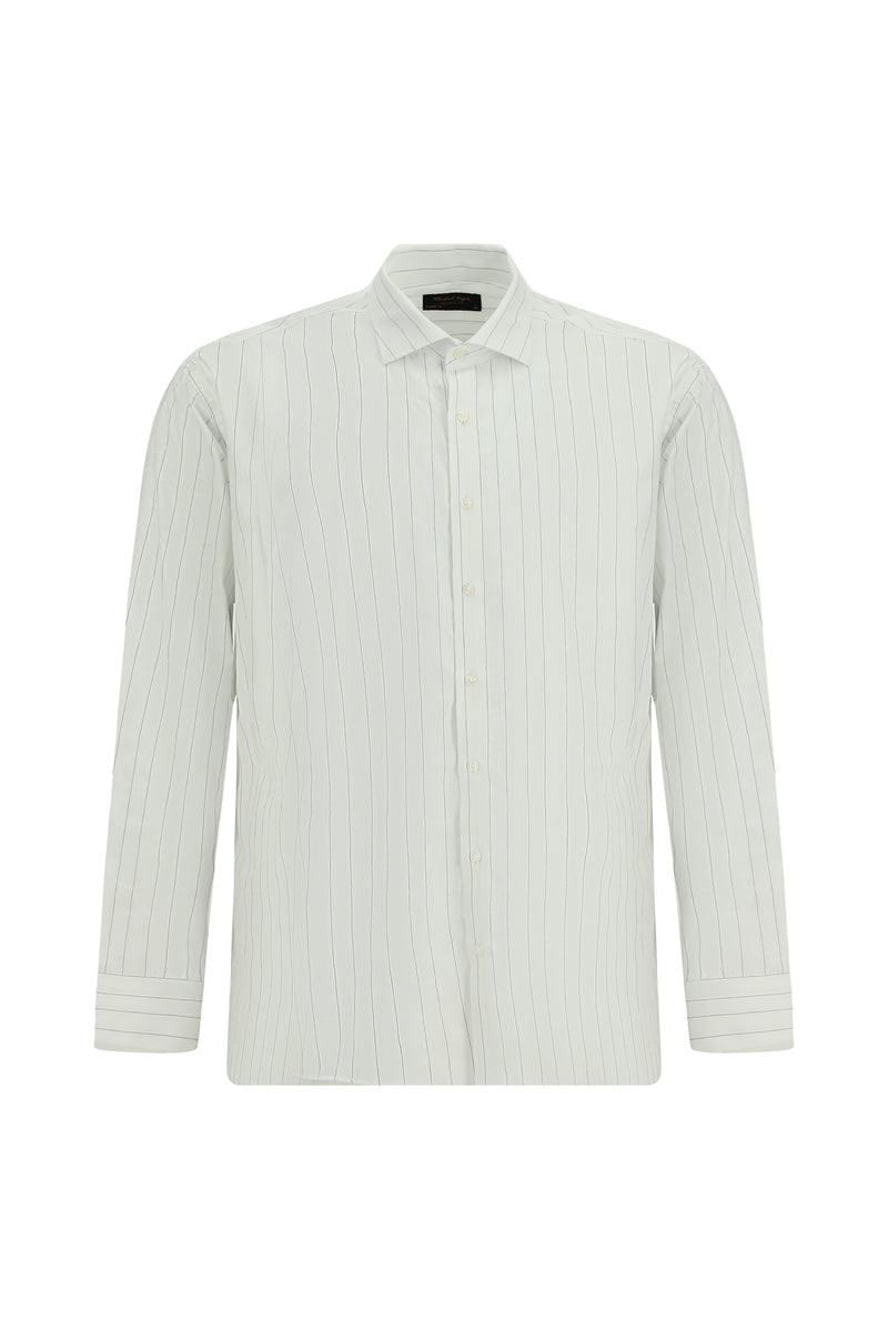 Orta Lacivert Uzun Kol Klasik Çizgili Pamuk Gömlek