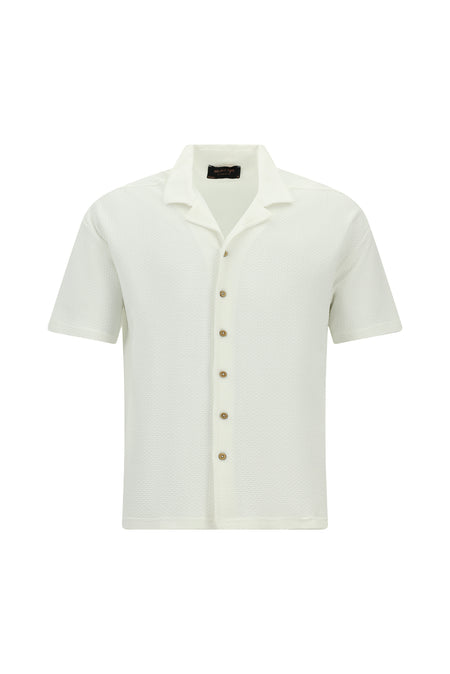 Beyaz Kısa Kol Oversize Ekstra Rahat Kesim Desenli Spor Pamuk Gömlek