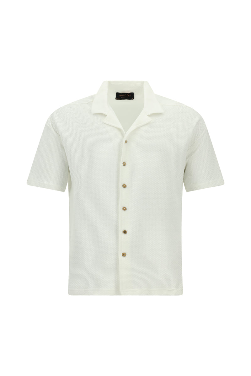 Beyaz Kısa Kol Oversize Ekstra Rahat Kesim Desenli Spor Pamuk Gömlek