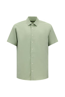 Koyu Yeşil Kısa Kol Regular Fit Cepli Desenli Pamuk Gömlek