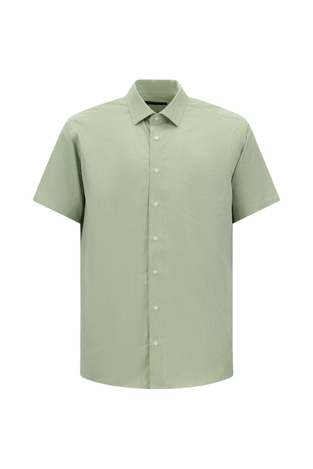 Koyu Yeşil Kısa Kol Regular Fit Cepli Desenli Pamuk Gömlek