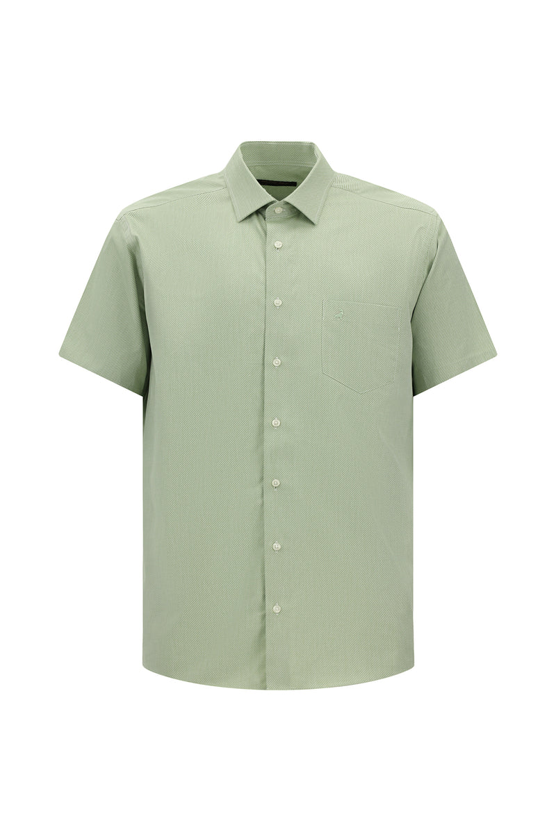 Koyu Yeşil Kısa Kol Regular Fit Cepli Desenli Pamuk Gömlek