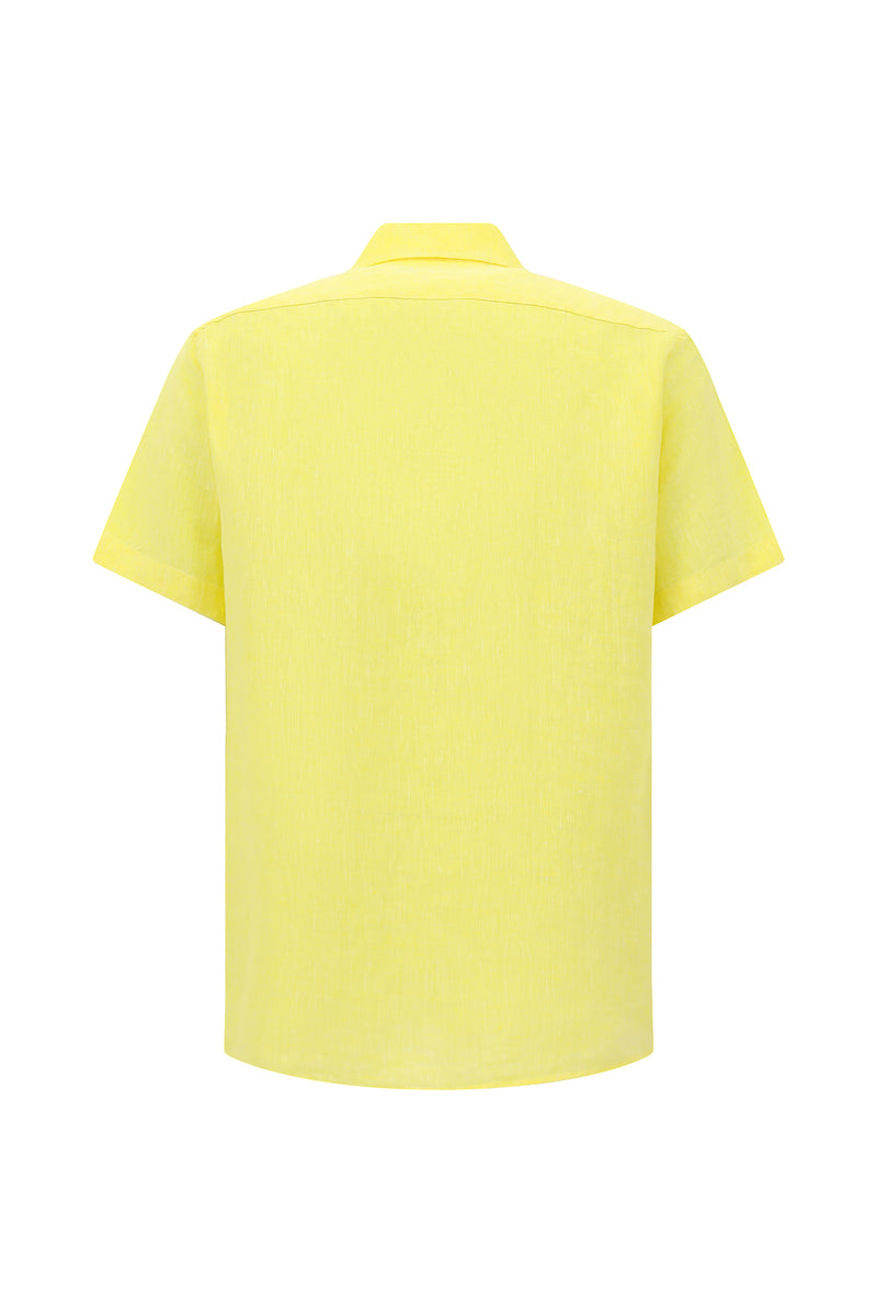 Limon Sarı Kısa Kol Regular Fit Düğmeli Yaka Keten Gömlek
